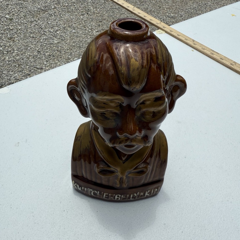 Enesco Redware Decanter 8.5" brown glazed mustache Man gold vintage